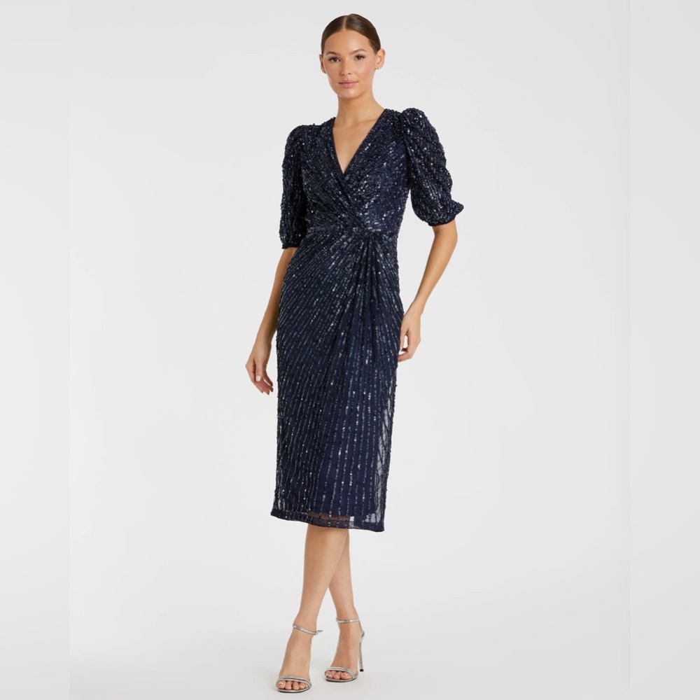 NWT $498 MAC DUGGAL SEQUINED V-NECK SHORT PUFF SLEEVE MIDI DRESS 5578 MIDNIGHT